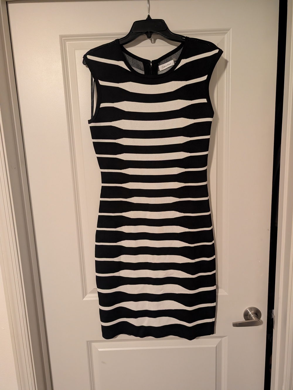 Calvin Klein Black and White Striped Sleeveless Bodycon Midi Knit Dress